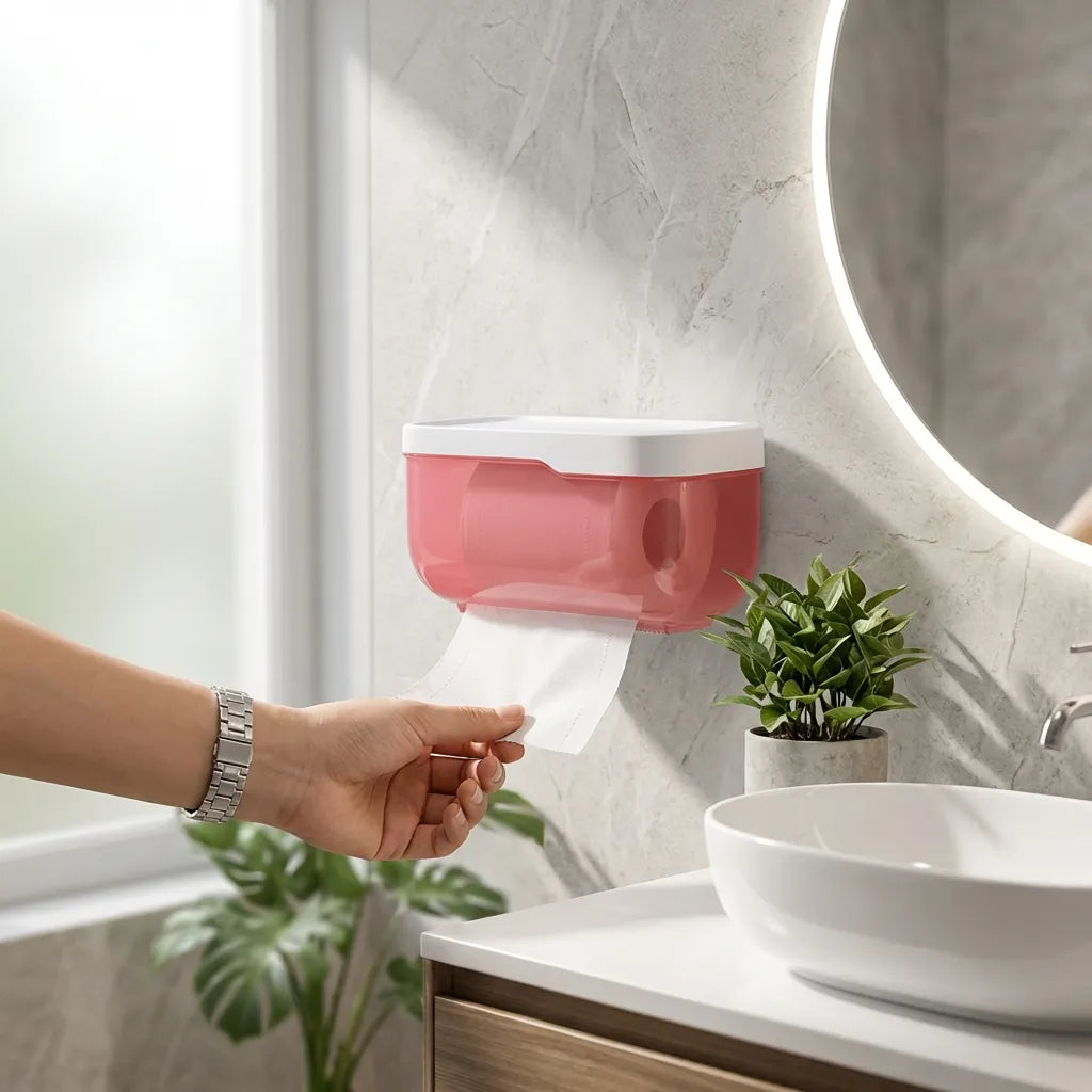 Bathroom tissue box with pink-red lid, tissue feed opening, and handle slot