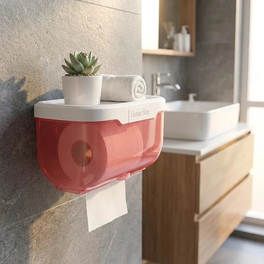 Wall-mounted 2-in-1 bathroom tissue box with pink-red translucent cover and tissue roll