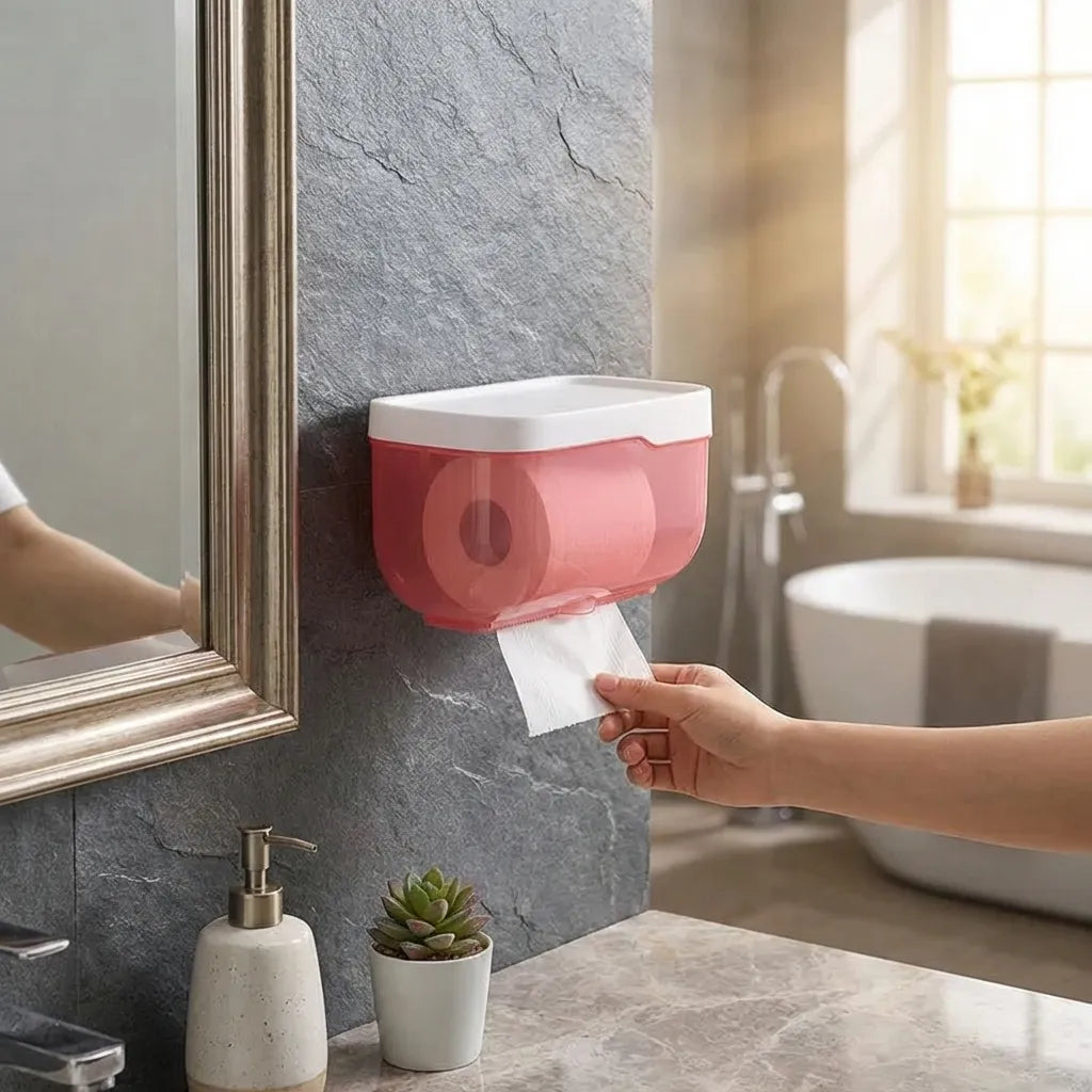 Wall-mounted 2-in-1 bathroom tissue box with pink-red cover and hanging tissue