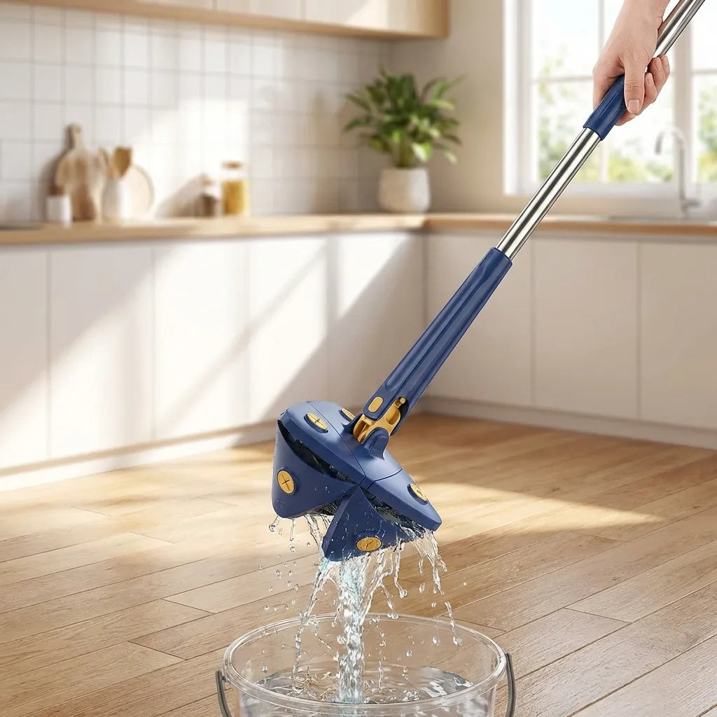 Blue extendable triangle mop head with grey microfiber pad and water droplets