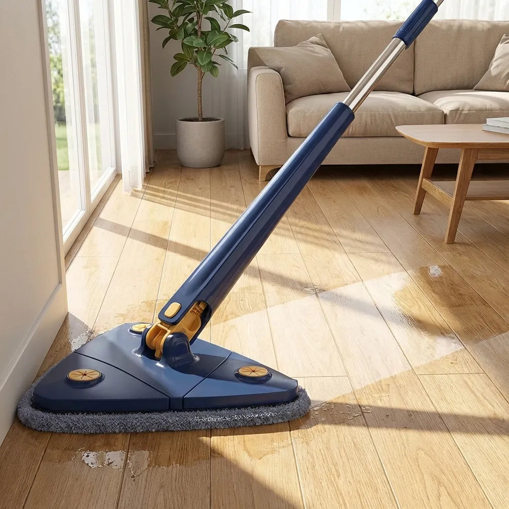 Blue extendable triangle mop with long metal handle and triangular grey cleaning pad