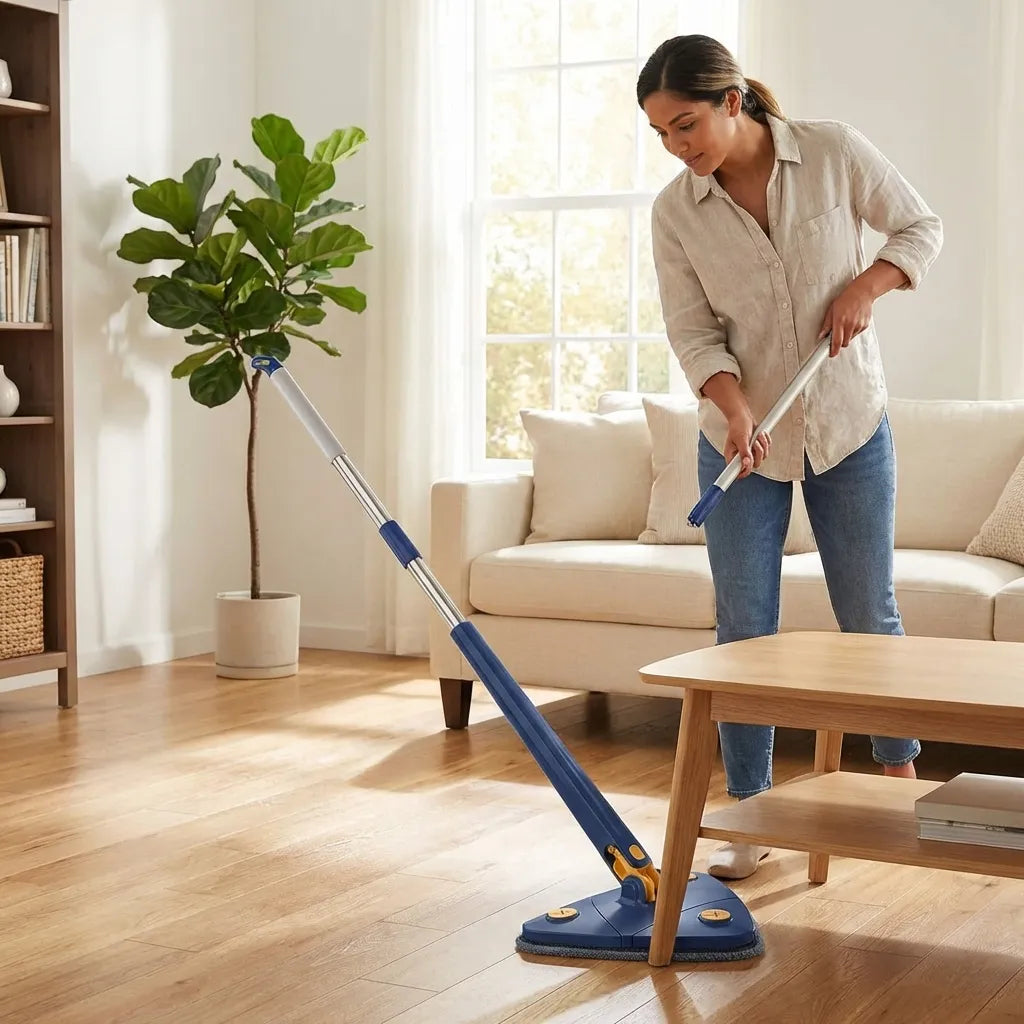Blue extendable triangle mop with triangular base and long handle