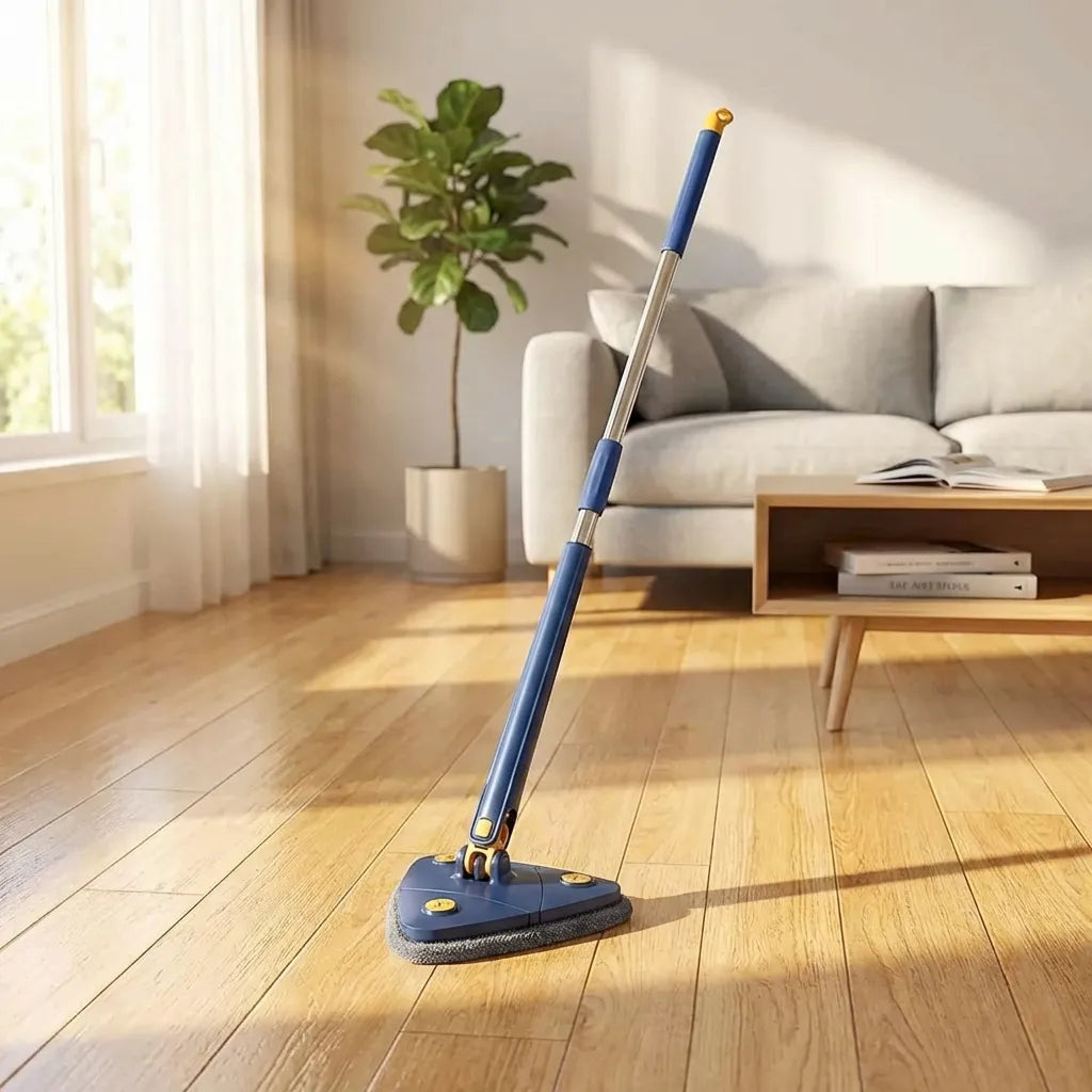 Blue extendable triangle mop standing upright with triangular grey base