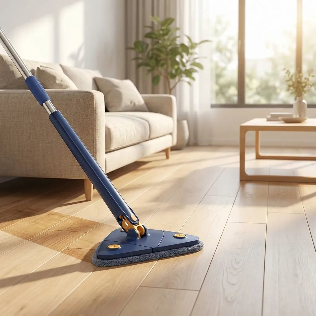 Blue extendable triangle mop with triangular grey pad on light wood floor
