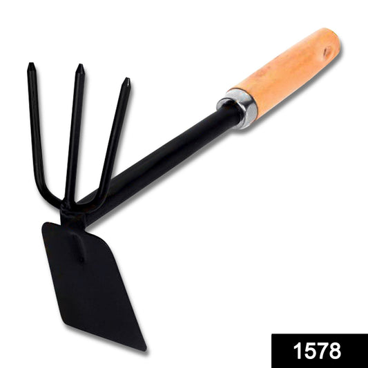 2-in-1 garden hoe with three-tine rake head and pointed digging blade