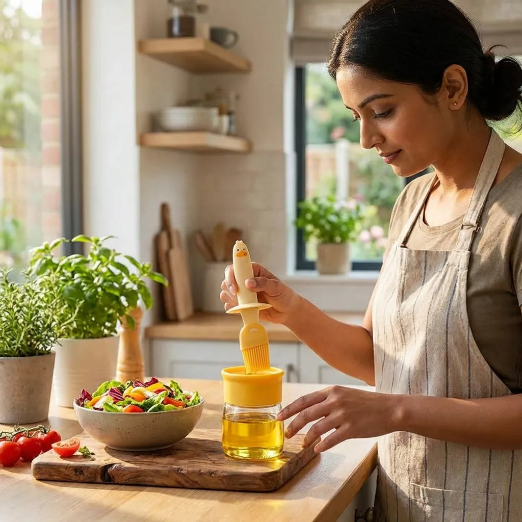 2-in-1 oil dispenser with yellow oil container and brush pour applicator