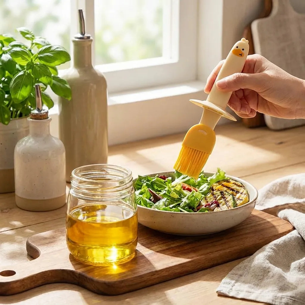 2-in-1 oil dispenser bottle with brush applicator beside salad on cutting board