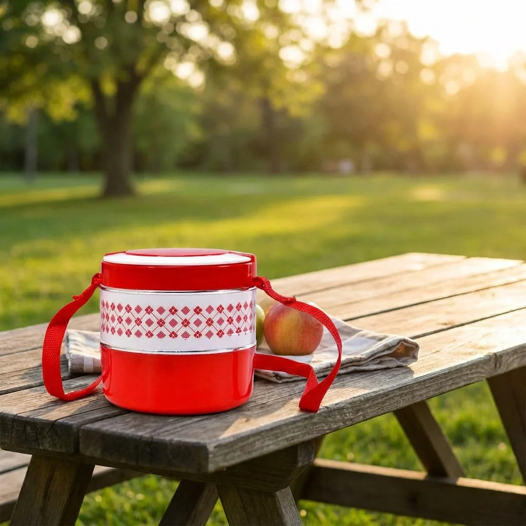 2-layer insulated tiffin box, red base with white patterned band and carrying strap