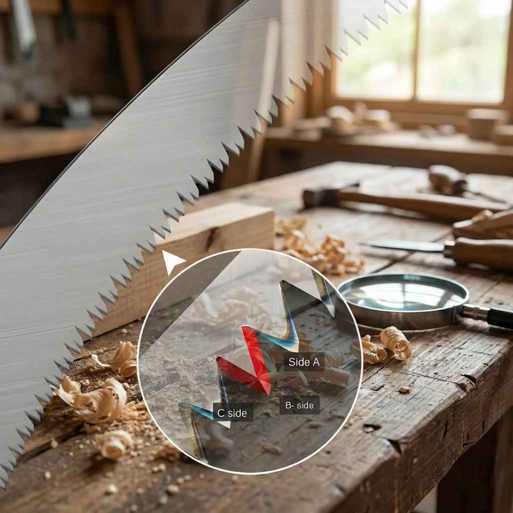 Pruning saw blade with serrated edge and side A/B marking overlay