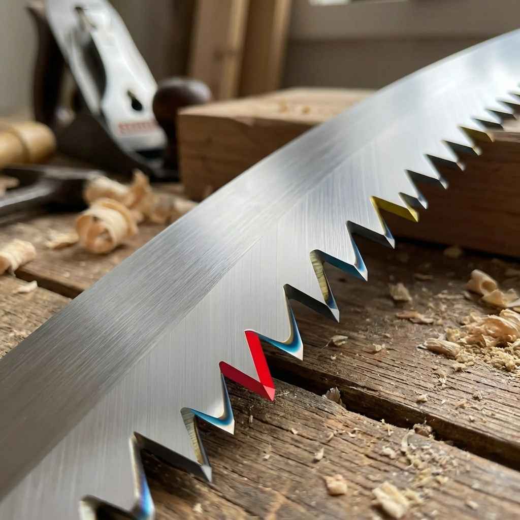 Pruning saw close-up: silver serrated blade teeth with side-marking graphic