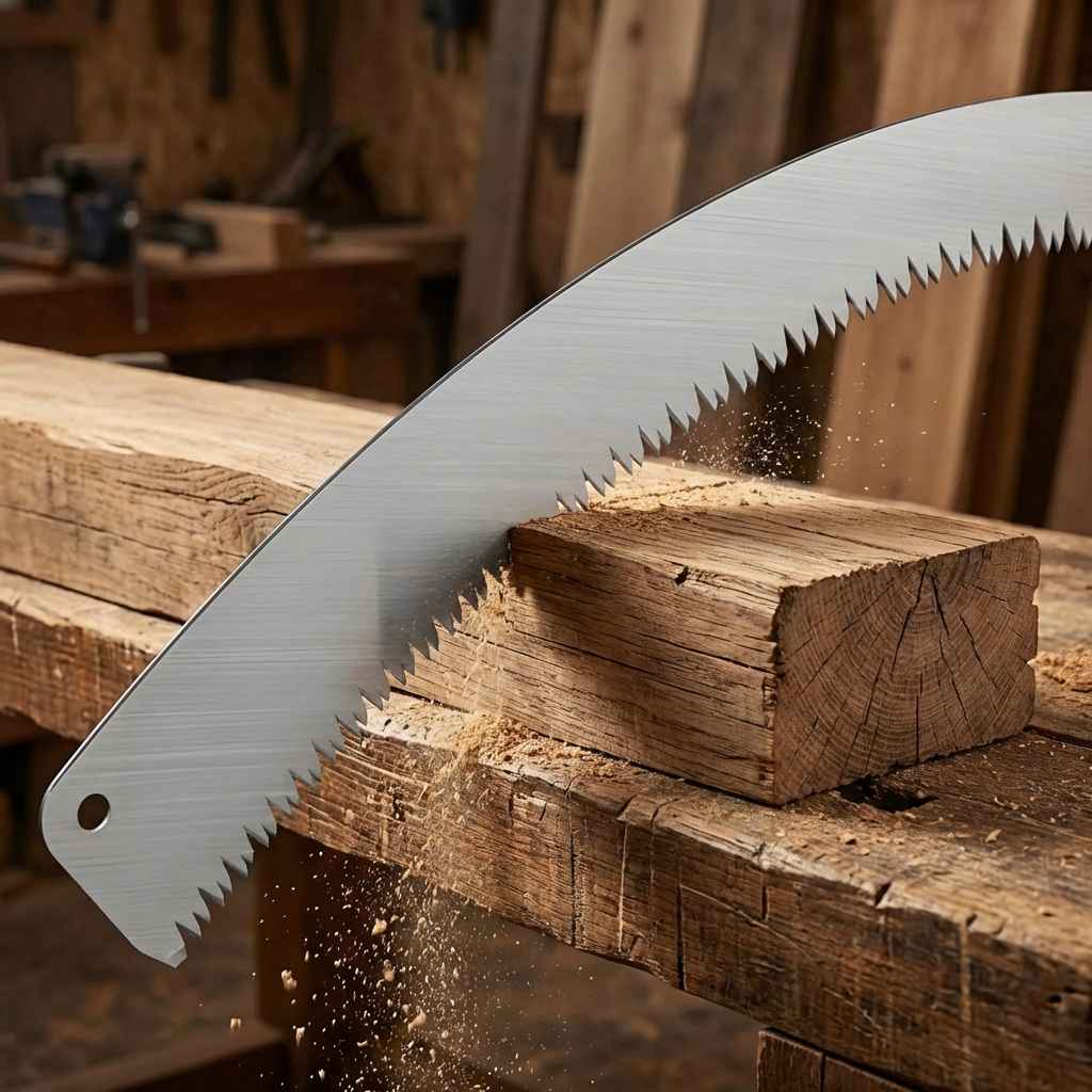 Pruning saw blade and teeth over a stack of cut wooden pieces