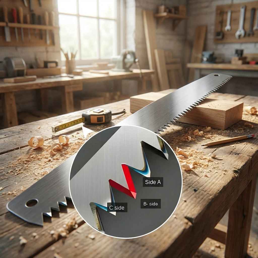 Pruning saw with serrated blade on a workbench, side A/B marking graphic