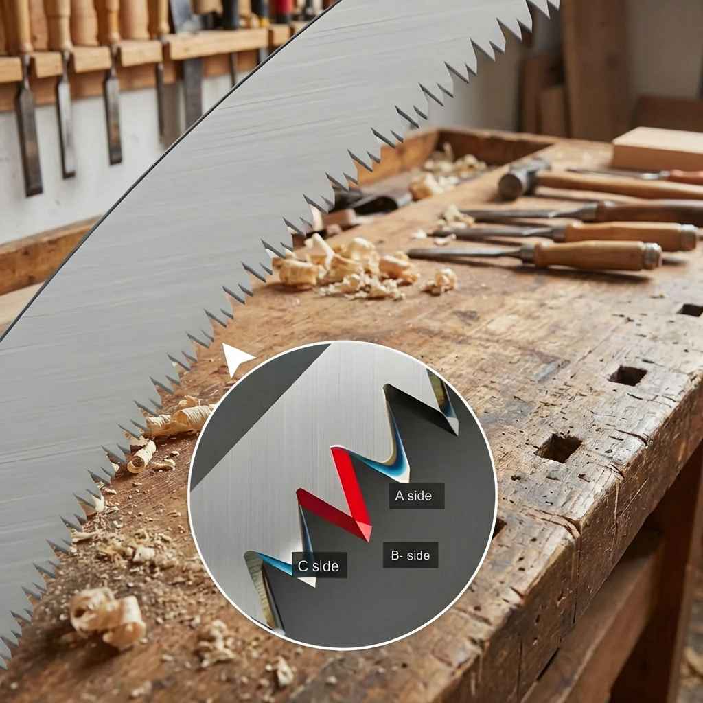 Pruning saw blade with serrated teeth, side A/B marking overlay
