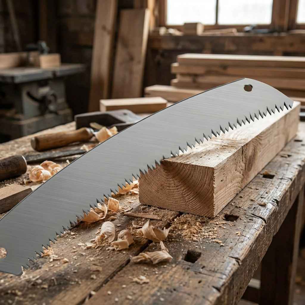 Pruning saw with long silver blade and serrated teeth, on a workbench