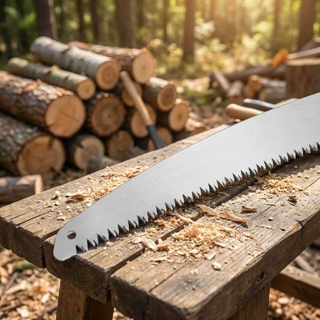 Pruning saw with serrated blade on logs, surrounded by wood chips