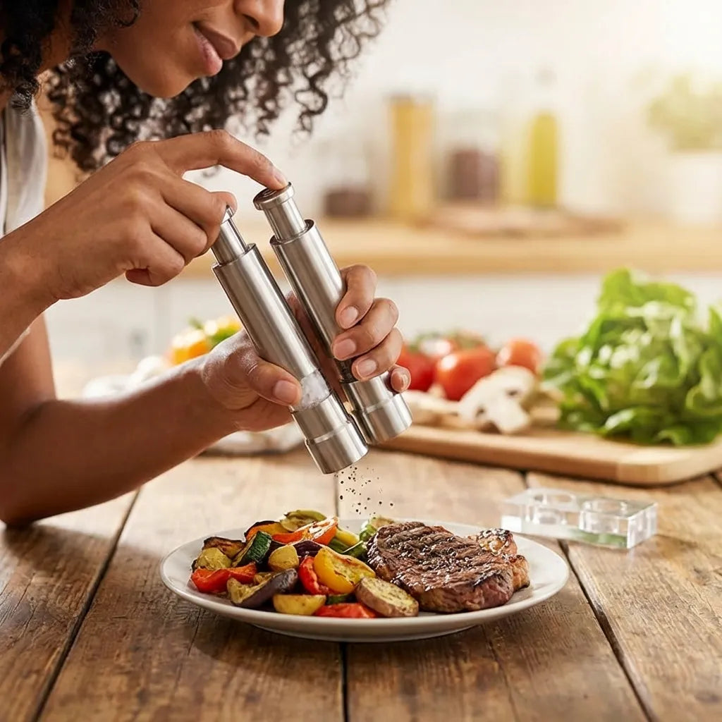 Stainless steel salt and pepper grinder with thumb-press top, held in hands