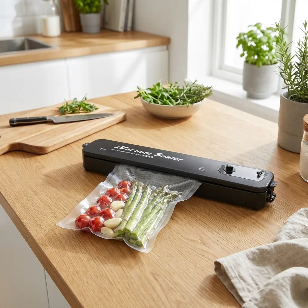 Automatic vacuum sealer machine with clear vacuum-sealed food bags on a countertop