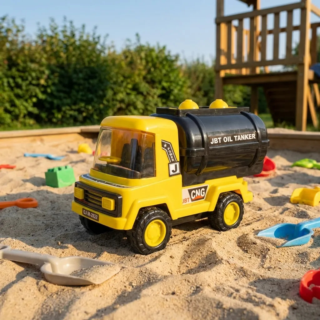 Yellow and black friction-powered oil tanker toy with cab and cylindrical tank trailer