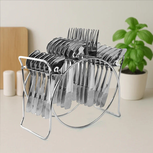 Stainless steel cutlery set with wire stand holding forks and spoons