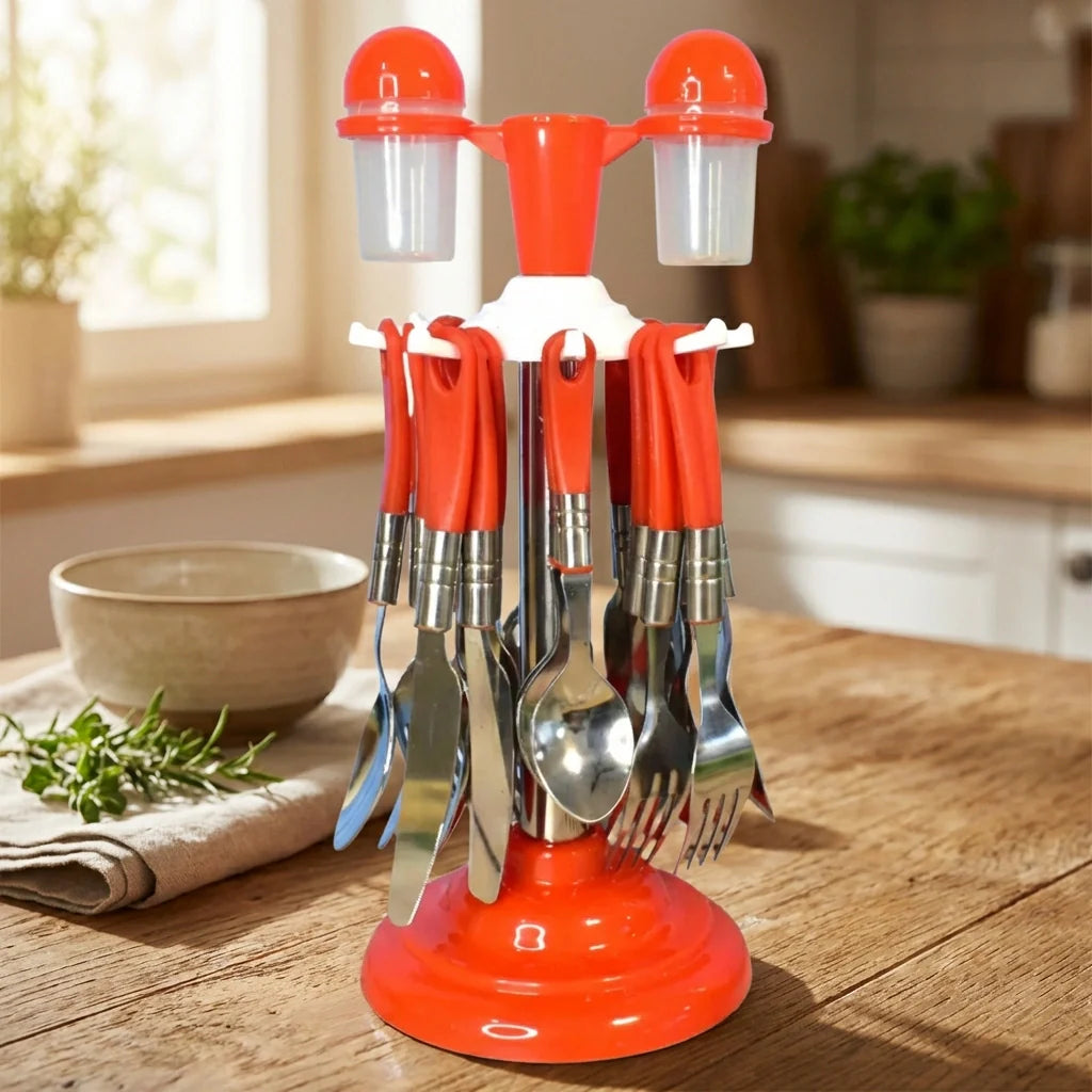 Luxury cutlery set with stand, red metal handles and stainless utensils