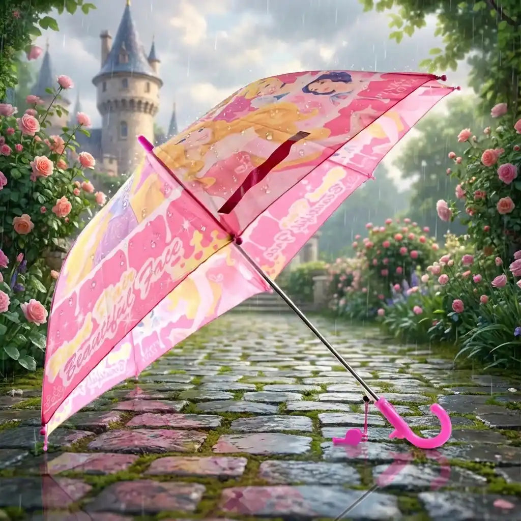 Compact 3-fold umbrella with full view of panels, pink-and-yellow print and pink handle.