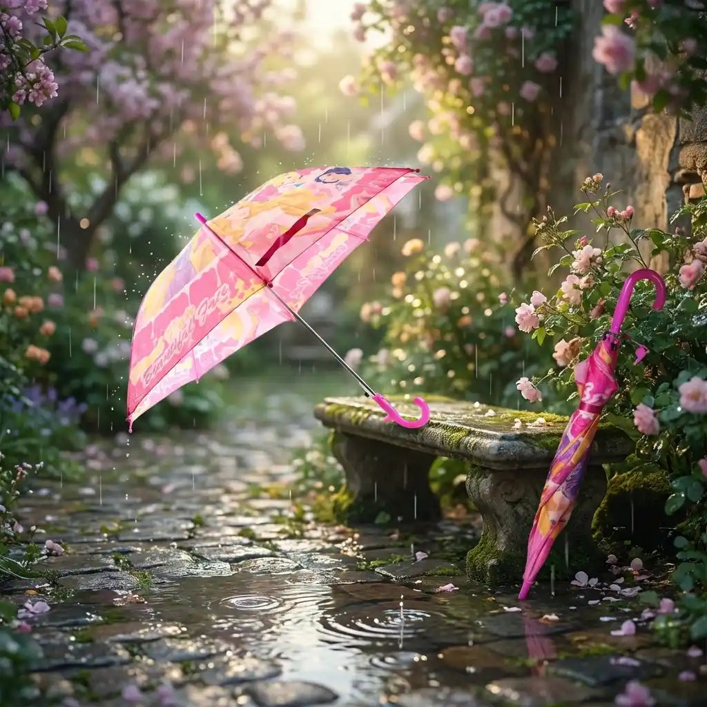 Compact 3-fold umbrella, open in rain, pink-and-yellow print with pink curved handle.