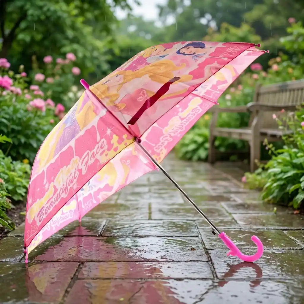 Compact 3-fold umbrella with open canopy, pink-and-yellow artwork and curved pink handle.