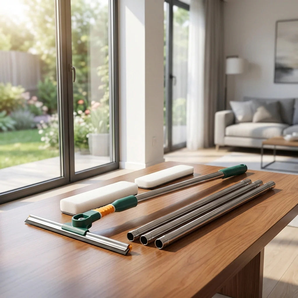 Multipurpose glass wiper set with green handles and metal squeegee blades