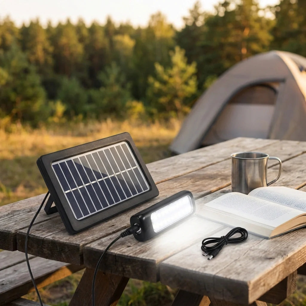 Solar hanging LED light with foldable panel and built-in LED bar on tabletop