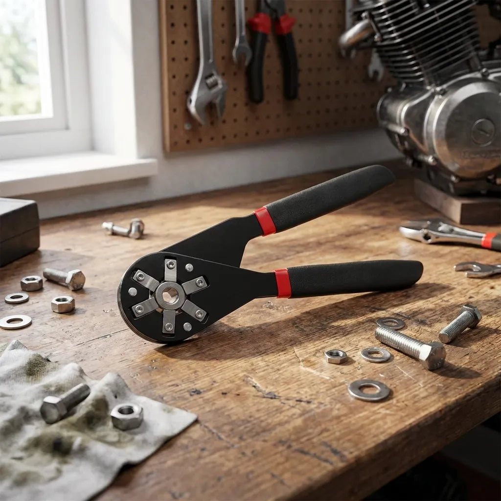 Small hexagon bionic wrench with black handles and red accents