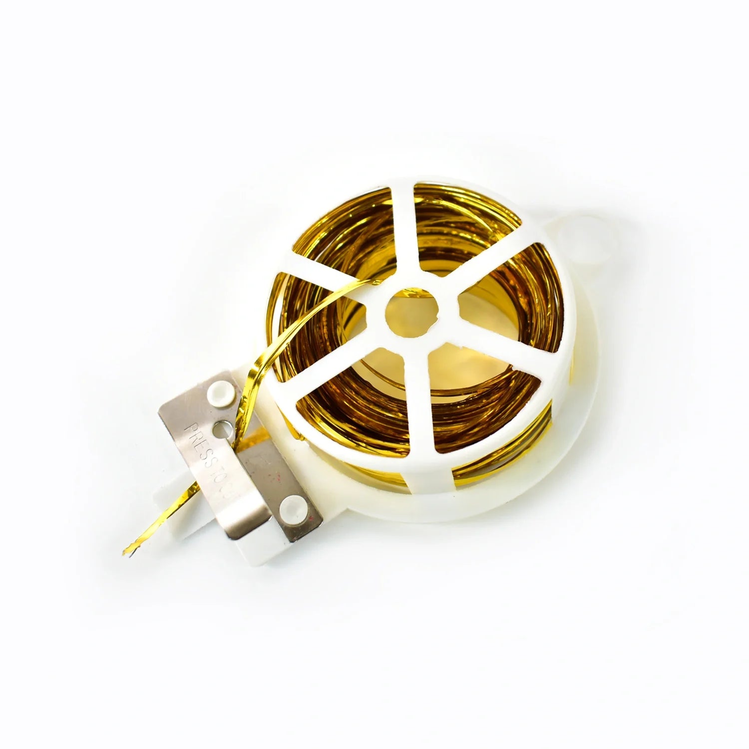 Twist tie roll with cutter, gold twist ties on white plastic spool