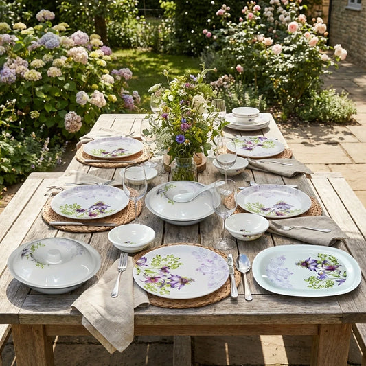 32-piece unbreakable tableware set with floral plates, bowls, and cups