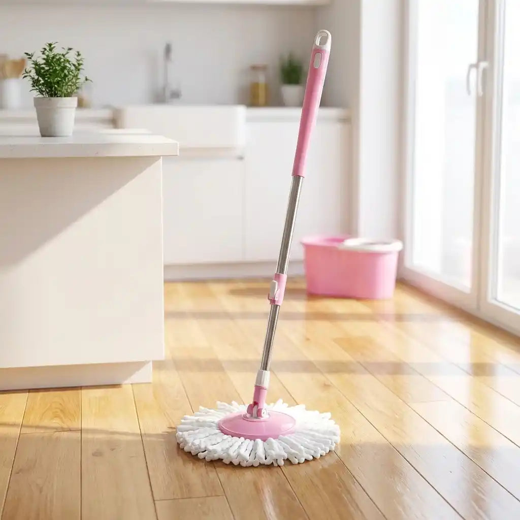 360-degree microfiber mop with pink circular base and white fringed pad on hardwood floor