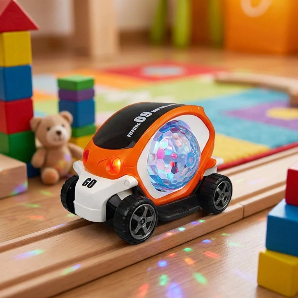 Orange and black stunt car toy with rotating LED headlight and chunky wheels