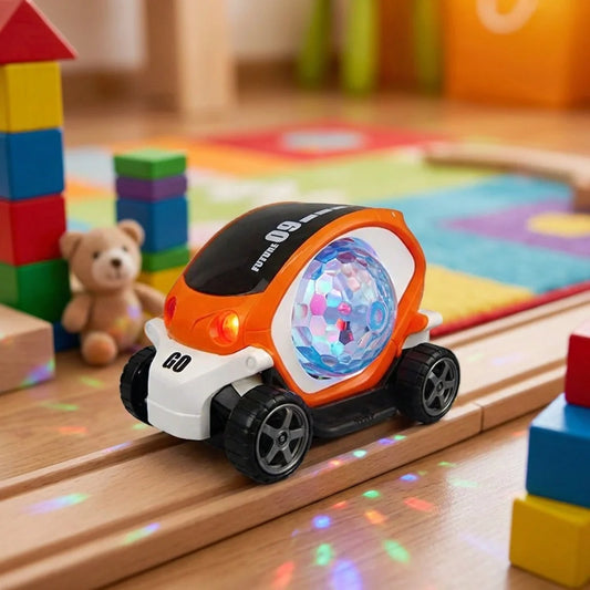 Orange and black stunt car toy with rotating LED headlight and chunky wheels