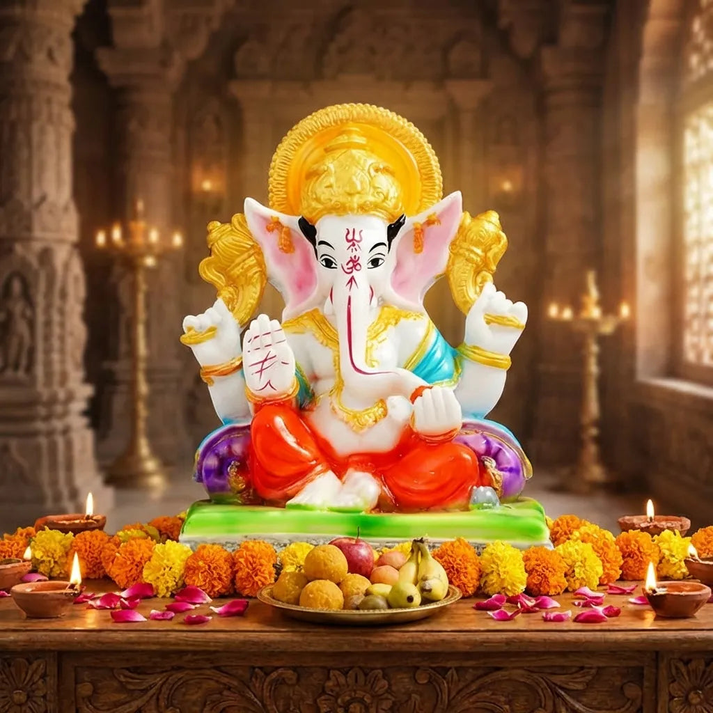Seated Ganesha idol with golden crown, red-orange attire, four arms and ornate details