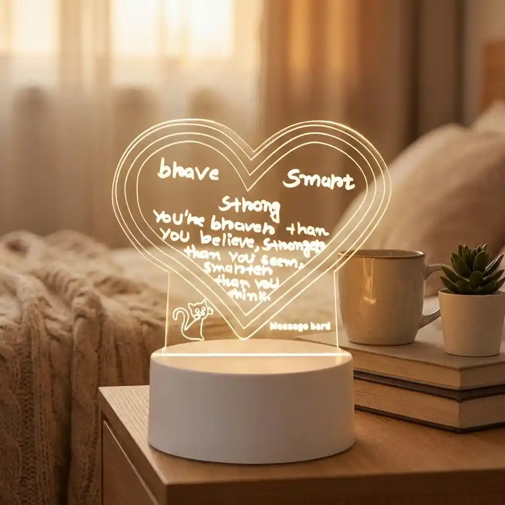 3D acrylic decorative lamp with glowing heart message, white base, message bar