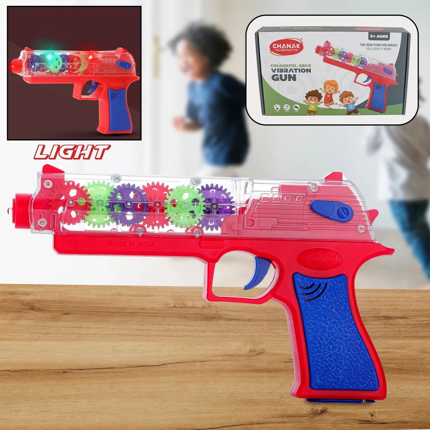 Red 3D flashing gear toy gun with colorful rotating gear lights