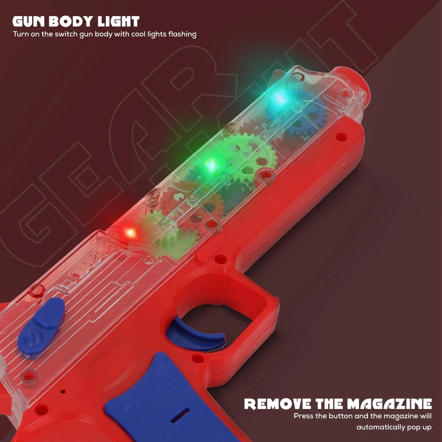 Red toy gun with bright flashing interior gear lights through clear window