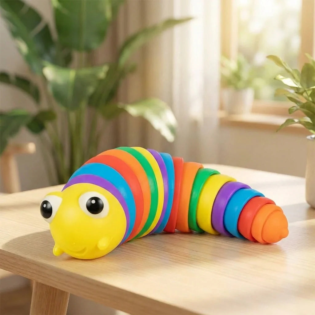 Rainbow striped slug fidget with yellow face and googly eyes, curled on a surface