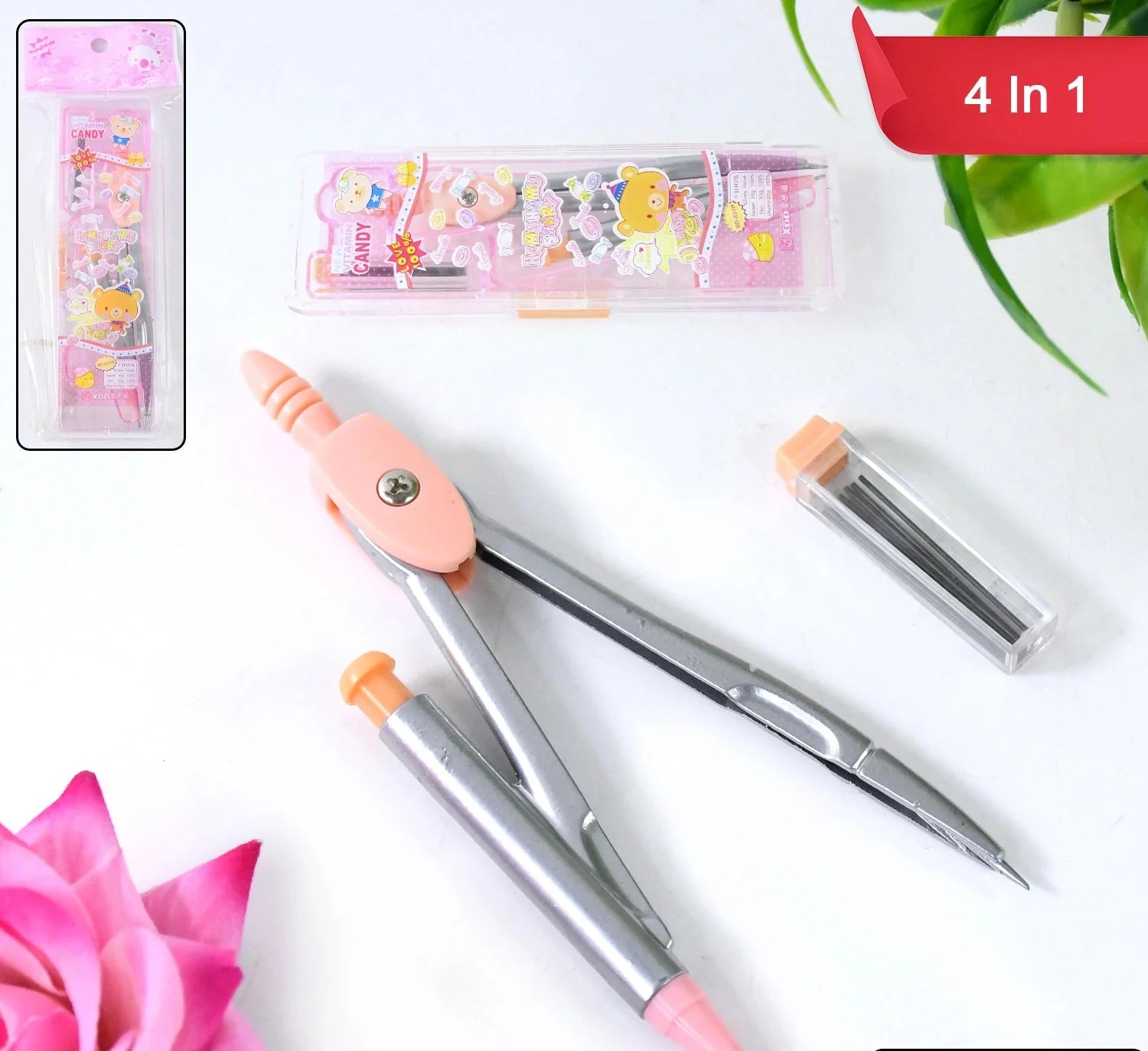 4-in-1 geometry compass set with peach handle and silver metal legs