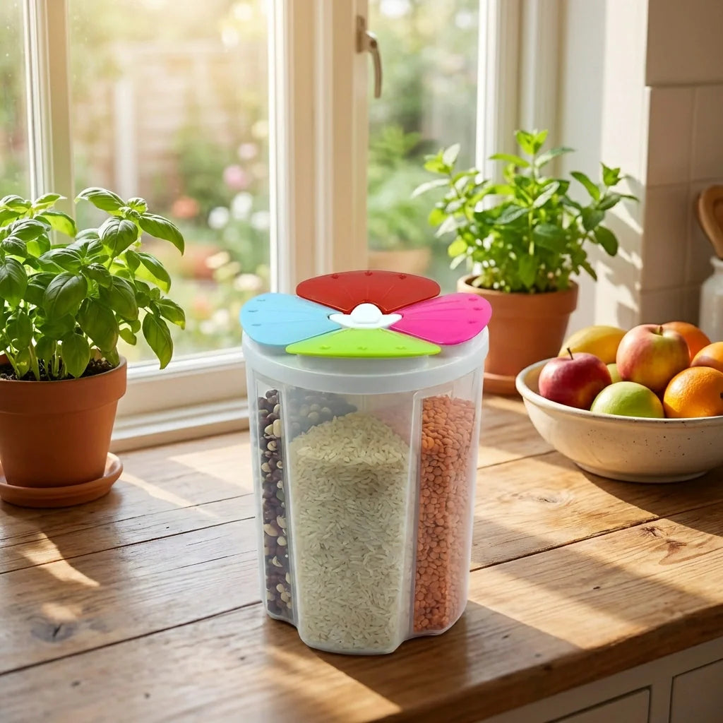 4-in-1 pantry organizer container with clear body and multi-color snap lids