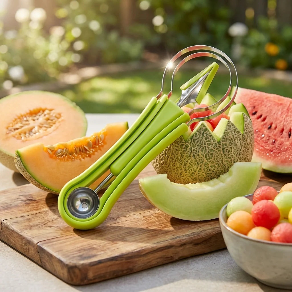 Stainless steel melon baller seed remover with green handle and scoop