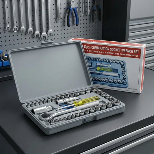 Socket wrench set in gray case with assorted metal sockets, 40-piece combo