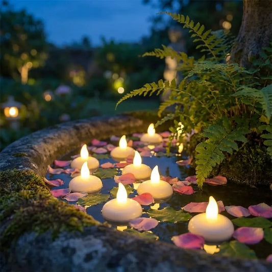 Flameless floating tea lights set with glowing LED candles in shallow pool