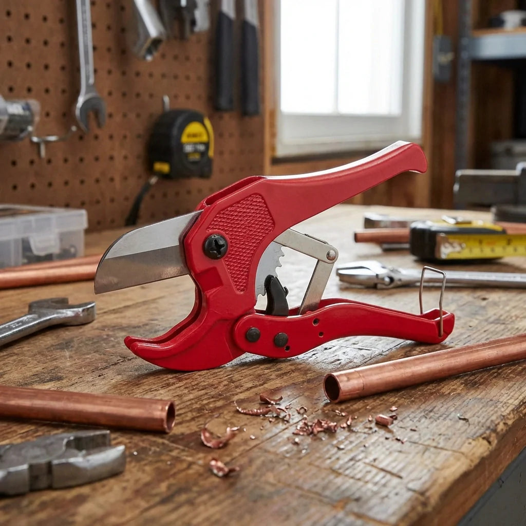 PVC pipe cutter with red handle and steel blade gripping a copper pipe on a bench