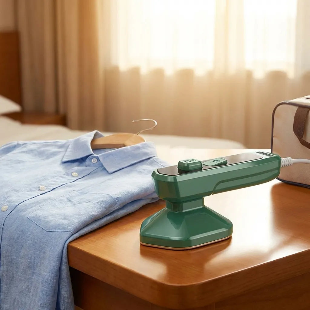 Mini handheld steam iron with green base and clear water tank, resting on table.