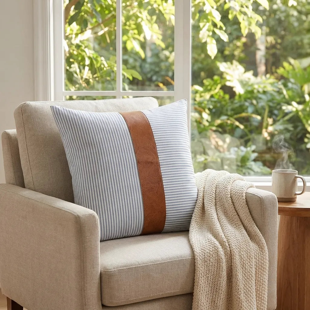 Leather and cotton pillow cover with vertical striped fabric and tan leather trim