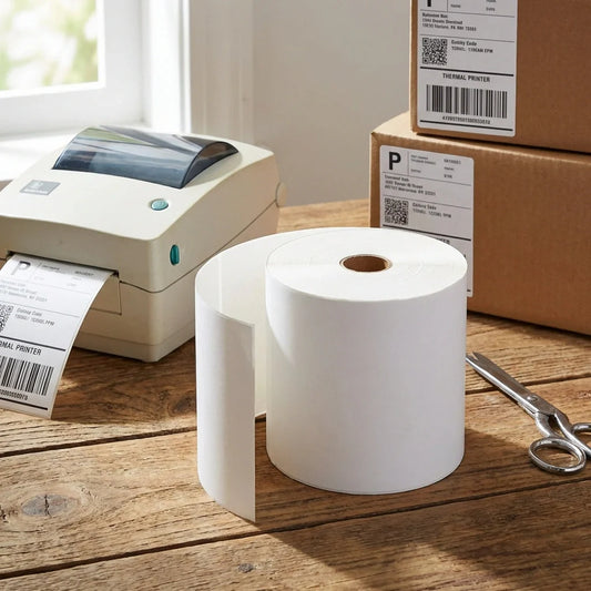 Thermal shipping label rolls with blank white labels and barcode sheets