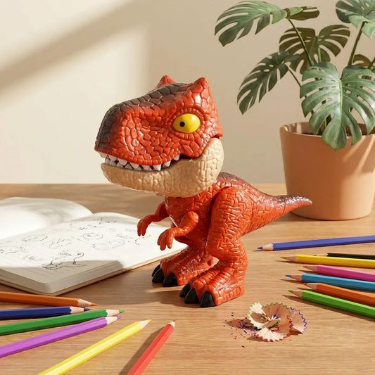 Red dinosaur stationery holder with notebook and colored pencils on desk